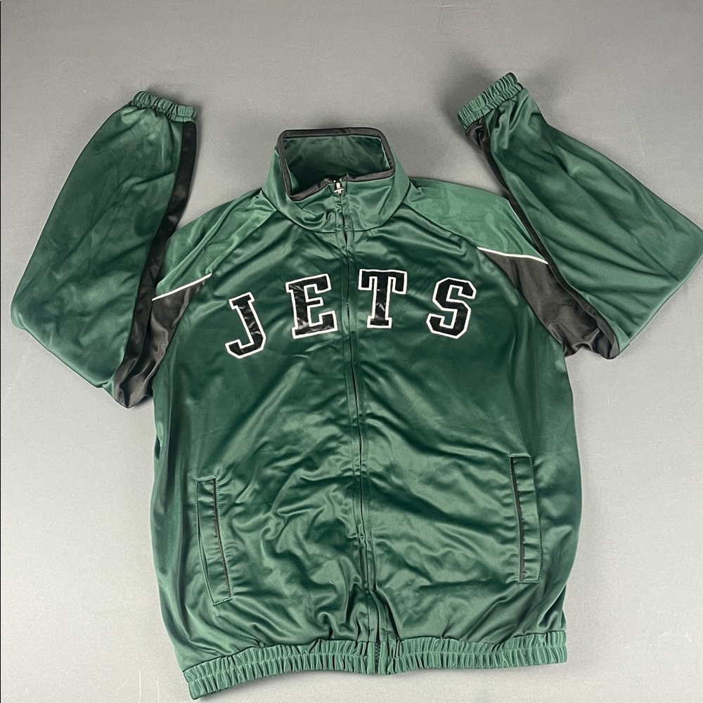 NFL NY JETS Men's‎ Large Jacket with logos on both front and back Green/Black